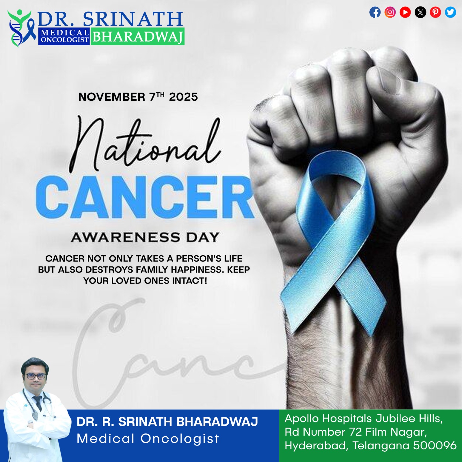 National Cancer Awareness Day poster with blue ribbon ribbon and clenched fist visual